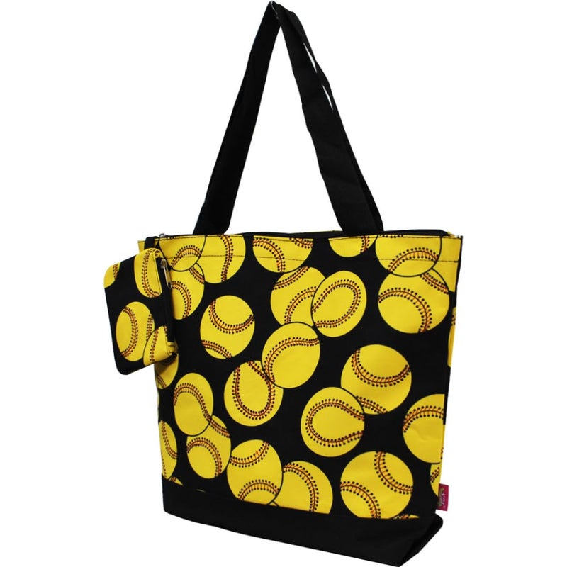 NGIL Medium Top Zipper Closure Canvas Tote Bag with Attached Matching Coin Purse For Moms and Nurses (Softball-black) - Image 1